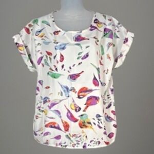 Liva Girl Womens Blouse Sz XL White Birds Short Sleeve Nature Art Scoop Neck Top